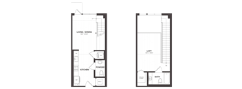 A floor plan of a small apartment with a kitchen, living room, and bathroom.