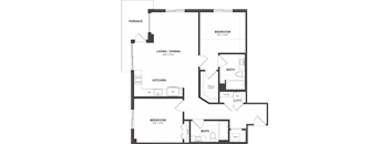 A black and white image of a house floor plan with two bedrooms, a living/dining area, a kitchen, and bathrooms.