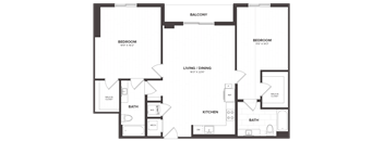 A floor plan of a house with two bedrooms, a living area, a kitchen, and two bathrooms.