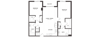 A black and white image of a house floor plan with a balcony, two bedrooms, a living/dining area, a kitchen, and two bathrooms.