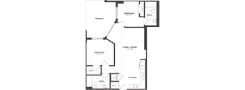 A floor plan of a small apartment with a terrace.