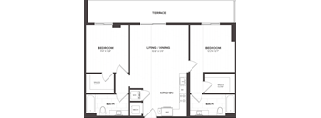 A black and white image of a floor plan for a house with three bedrooms, a living/dining area, a kitchen, and two bathrooms.