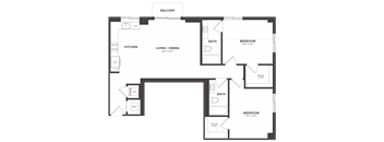 A floor plan of a house with two bedrooms, a living room, a kitchen, and a balcony.