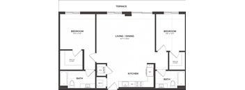 A black and white image of a floor plan for a house with two bedrooms, a living/dining area, a kitchen, two bathrooms, and a walk-in closet.