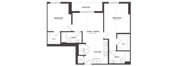 A floor plan of a house with two bedrooms, a living/dining area, a kitchen, two bathrooms, and a balcony.