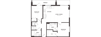 A black and white image of a house floor plan with a terrace, two bedrooms, a kitchen, a bathroom, and a living/dining area.