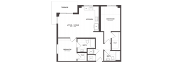 A black and white image of a house floor plan with a terrace, two bedrooms, a living/dining area, kitchen, and two bathrooms.