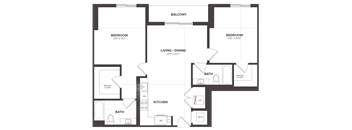A floor plan of a house with two bedrooms, a living area, a kitchen, and a bathroom.