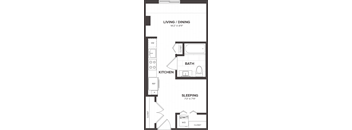 A floor plan of a small apartment with a living room, kitchen, and sleeping area.