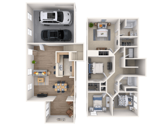 A floor plan of a two-story house with a garage on the first floor and a living area on the second floor.
