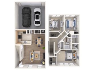 A floor plan of a small apartment with a kitchen, living room, and bedroom.