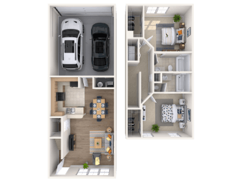 A floor plan of a two-bedroom apartment with a living room, kitchen, and bathroom.