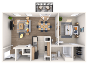 A 3D rendered image of a small, modern apartment.
