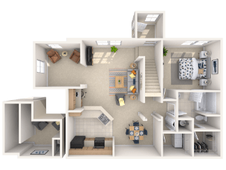 A 3D floor plan of a house showing a kitchen, living room, and two bedrooms.