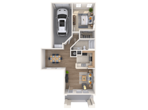 A 3D rendered image of a small apartment layout.