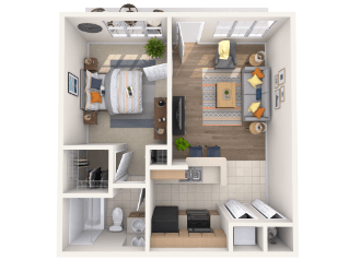 A 3D rendered image of a small, modern apartment layout.