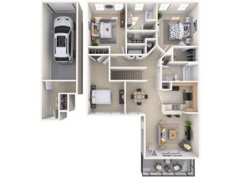 A detailed 3D floor plan of a small apartment with a kitchen, living room, and bathroom.