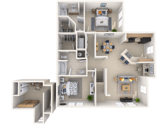 A 3D floor plan of a house showing a kitchen, living room, and bedrooms.