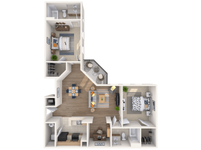A 3D floor plan of a house showing a living room, kitchen, and two bedrooms.