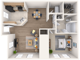 A 3D floor plan of a house with a living room, kitchen, and two bedrooms.