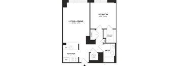 A black and white image of a floor plan for a small apartment.