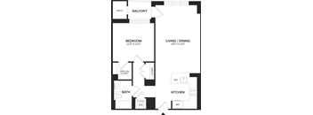 A floor plan of an apartment with a balcony, bedroom, living/dining area, kitchen, bathroom, and walk-in closet.