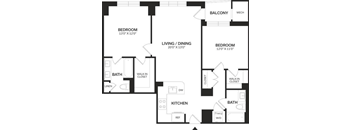 A black and white image of a house floor plan with a balcony, two bedrooms, a living/dining area, a kitchen, and two bathrooms.