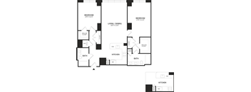 A black and white image of a floor plan for a house with two bedrooms, a living/dining area, a kitchen, and two bathrooms.