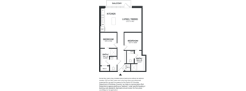 A floor plan of a small apartment with a kitchen, two bedrooms, and a living area.