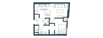 A floor plan of a kitchen and living area with dimensions.