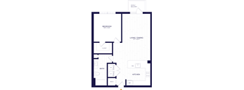 A floor plan of a house with a bedroom, bathroom, kitchen, living/dining area, and closet.