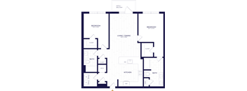 A floor plan of a house with two bedrooms, a living/dining area, a kitchen, two bathrooms, a closet, a mech, and a ref.