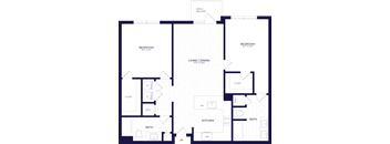 A floor plan of a house with labeled rooms such as Bedroom, Bath, Kitchen, and Living/Dining area.