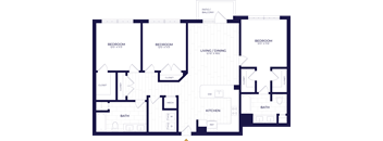 A floor plan of a house with labeled rooms such as bedrooms, a living/dining area, a kitchen, and bathrooms.