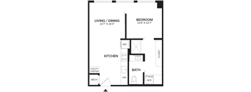 A floor plan of a small apartment with a living room, kitchen, bathroom, and bedroom.