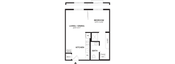 A floor plan of a small apartment with a bedroom, living/dining area, kitchen, bathroom, and utility center.