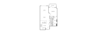 A floor plan of a small apartment with a living room, dining room, kitchen, and bathroom.