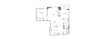 A floor plan of a house with a balcony, two bedrooms, a living area, a dining area, a kitchen, a bathroom, a closet, and an entry way.