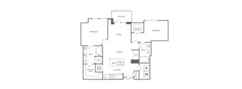 A floor plan of a house with two bedrooms, a living room, a balcony, a bathroom, a dining room, a kitchen, and an entry.