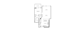 A floor plan of a house with a balcony, bedroom, bathroom, dining room, kitchen, living room, and two closets.