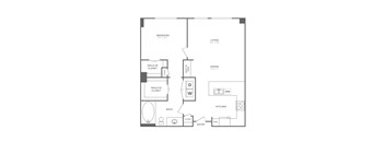 A floor plan of a small apartment with a bedroom, living room, kitchen, and bathroom.