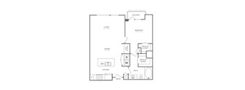 A floor plan of a home with a living room, dining room, kitchen, two bathrooms, a walk-in closet, and a balcony.