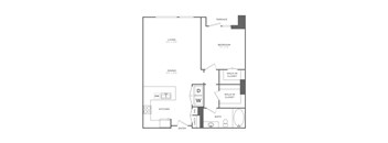 A floor plan of a house with a living room, dining room, kitchen, bathroom, bedroom, and walk-in closet.
