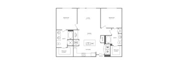 A floor plan of a house with two bedrooms, a living room, a kitchen, a bathroom, a washbasin, a toilet, a sink, a dining area, a walk-in closet, and an