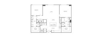 A floor plan of a house with two bedrooms, a living room, a dining room, a kitchen, a bathroom, a walk-in closet, and an entry.