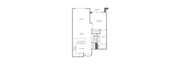 A floor plan of a small apartment with a kitchen, bathroom, and bedroom.