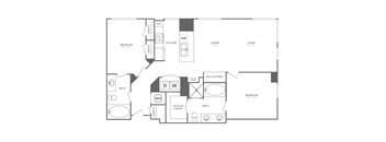 A floor plan of a house with a kitchen, living room, dining room, and bathroom.