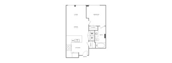 A floor plan of a small apartment with a living room, dining room, kitchen, and bathroom.