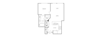 A floor plan of a house with a bedroom, living room, dining room, kitchen, bathroom, and closet.