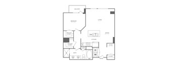 A floor plan of a house with a bedroom, bathroom, kitchen, living room, and dining room.